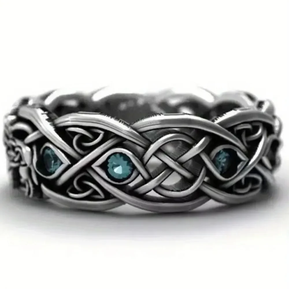 Unisex Silver Celtic Knot wolf Ring with Blue Accents sz 6